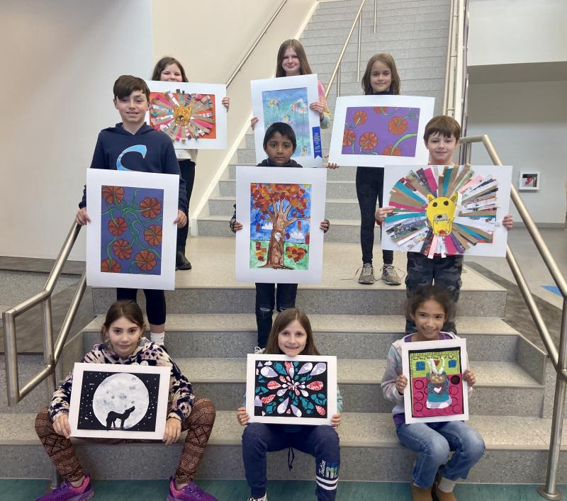 Milton Elementary Young at Art participants in back are (l-r) Lily Peltz, Leah Cooper and Robin Rion Starr. In the middle are Kasen Adams, Pablo Velasquez and Charlie Garner. In front are Ayla Schuler-Koltuk, Alison Swift and Laila Furniss. Not pictured is Sofia Haro-Simental. ELLEN DRISCOLL PHOTO